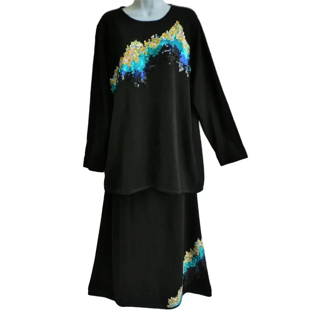 Carol Patterson Black Knits 2pc Skirt Tunic Sweater Set Sequins Maxi Side Slit L